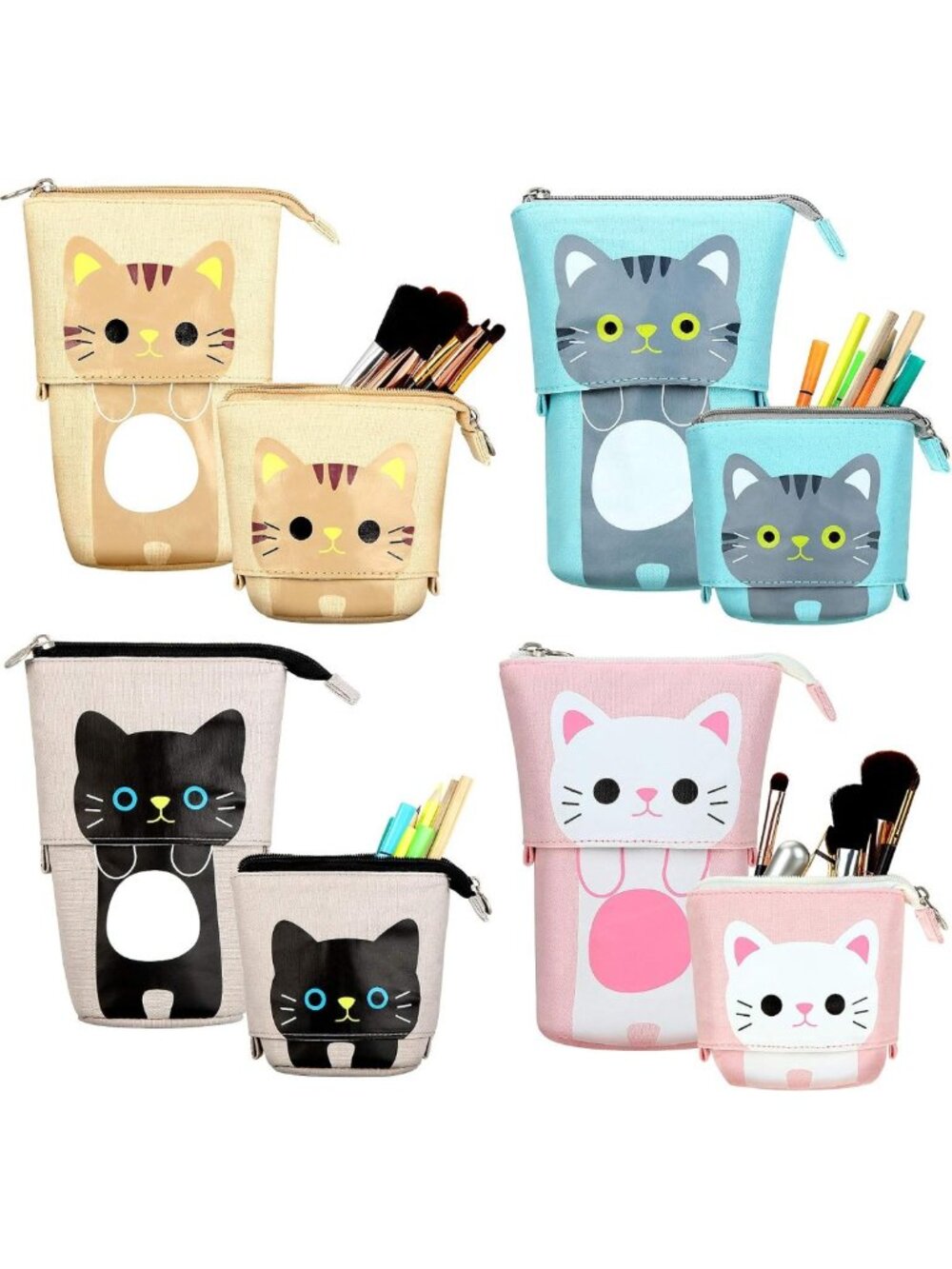 Cute Cat Print Pencil Case Set - 4 Stylish Standing Organizers for School
